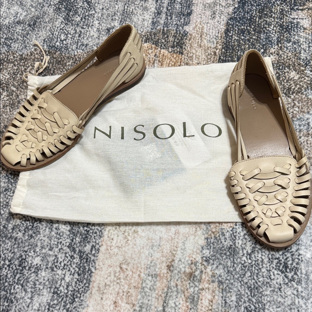 Nisolo Beige Woven Leather Huarache Flats